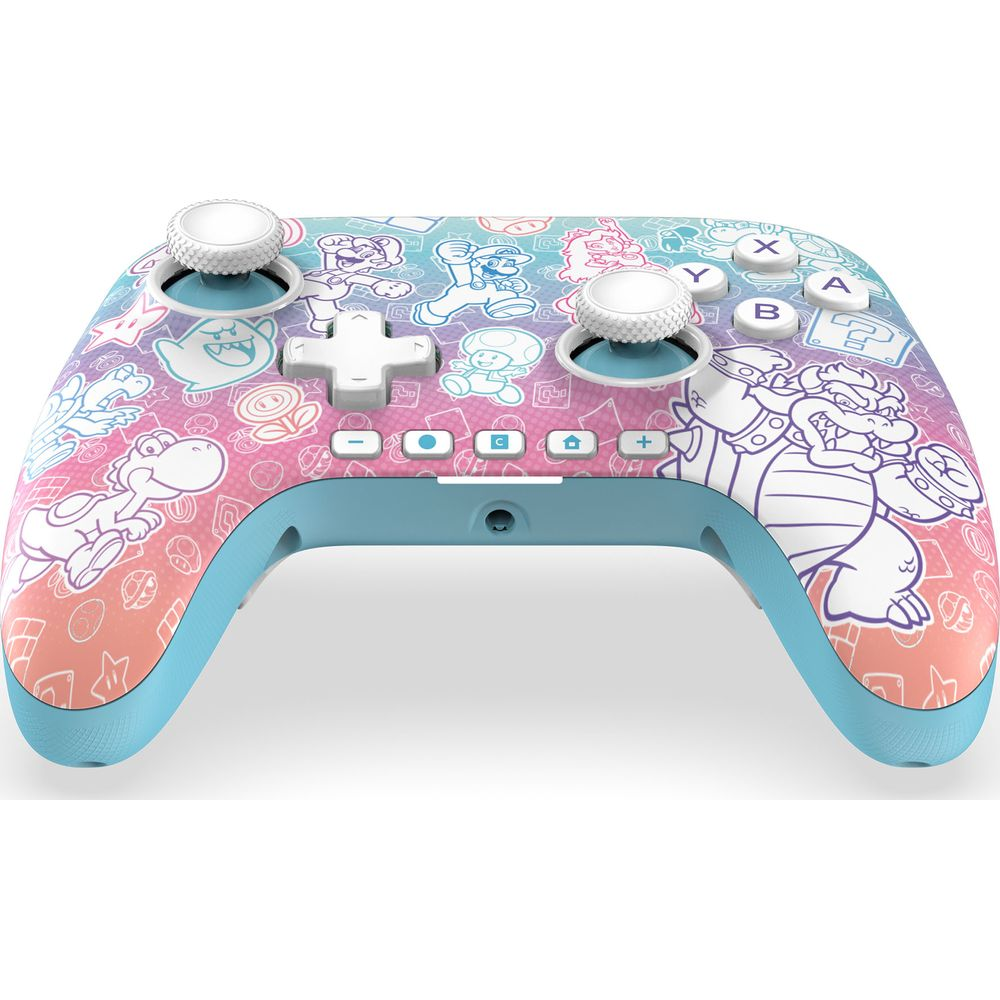 Niebieski kontroler Nintendo z postaciami Mario i pastelowymi kolorami.