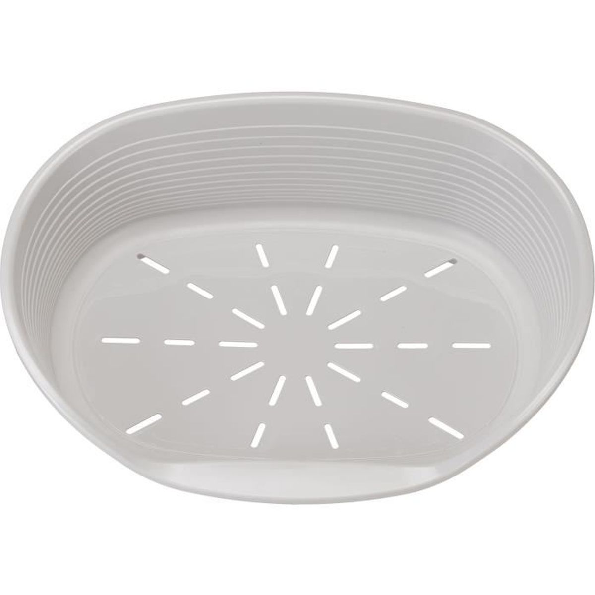 Ein grauer Plastikkorb mit vielen kleinen Schlitzen im Boden.