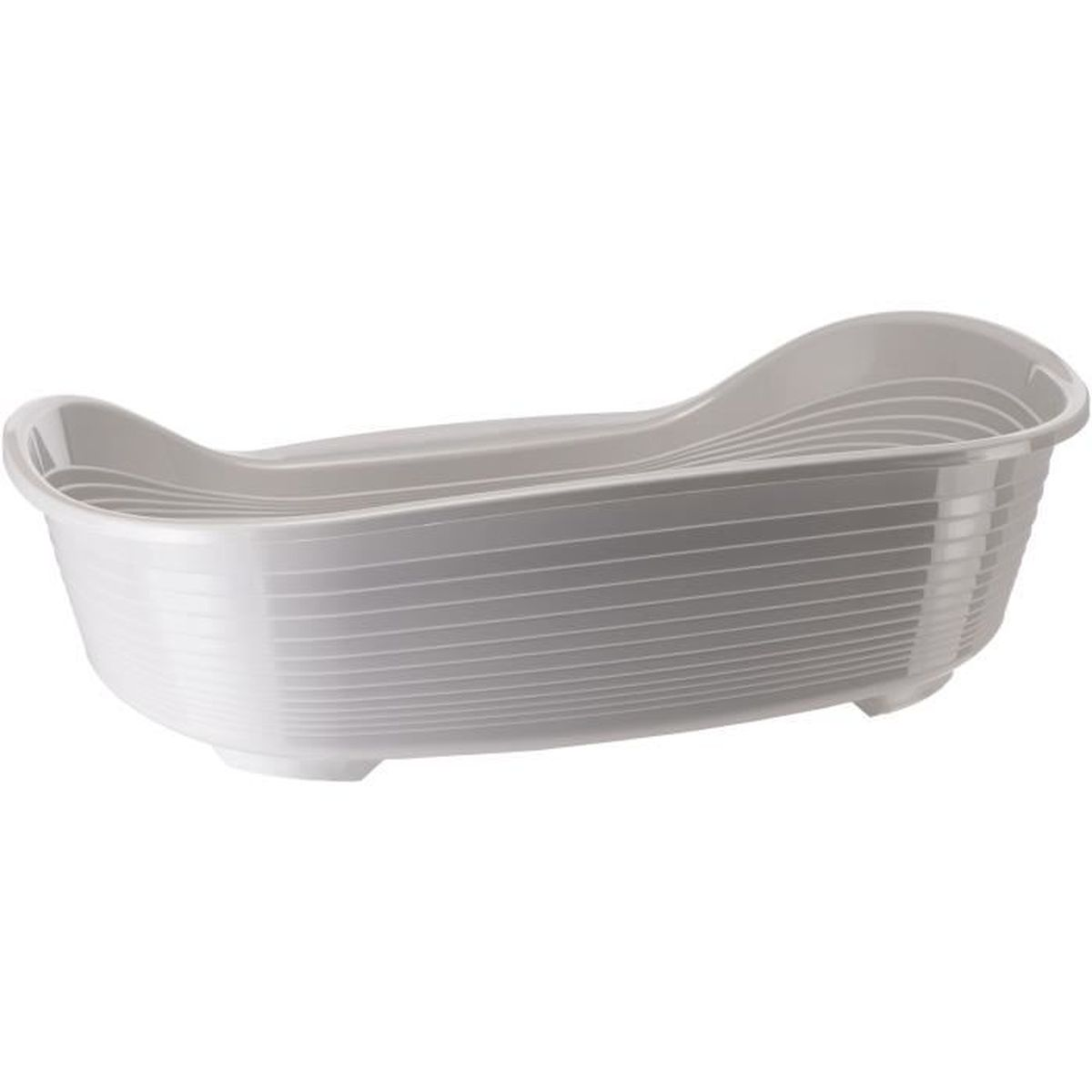 Graue Babybadewanne mit gerippter Außenseite und geschwungenen Rändern.