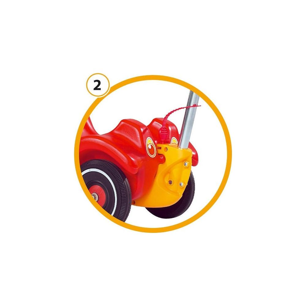 Ein rotes und gelbes Spielzeugauto mit schwarzen Rädern und einer Nummer 2.