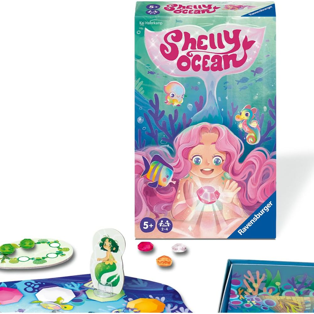 Scatola del gioco Ravensburger Shelly Ocean con sirena, pesce, cavalluccio marino, polpo e pezzi del tabellone.