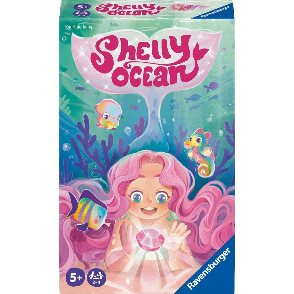 Una ragazza con i capelli rosa tiene una gemma. Si vedono un pesce, un cavalluccio marino e un polpo.