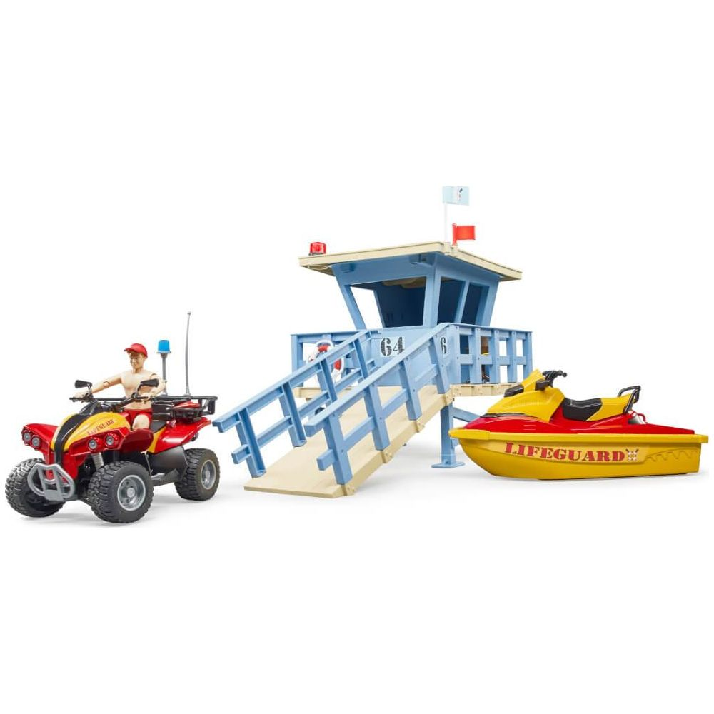 Torre di salvataggio con quad e jet ski. Un bagnino è seduto sul quad.