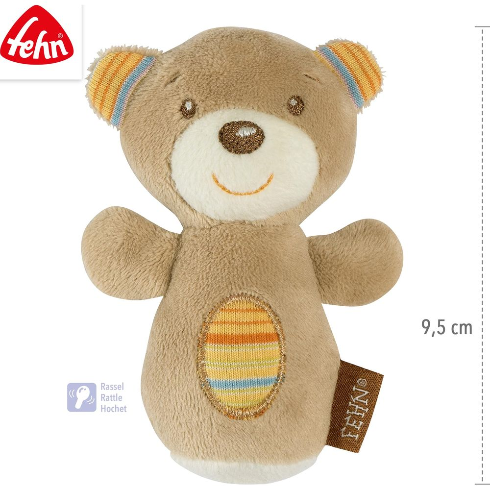 Braunes Teddybär-Rasselspielzeug mit Streifenmuster auf Ohren und Bauch.