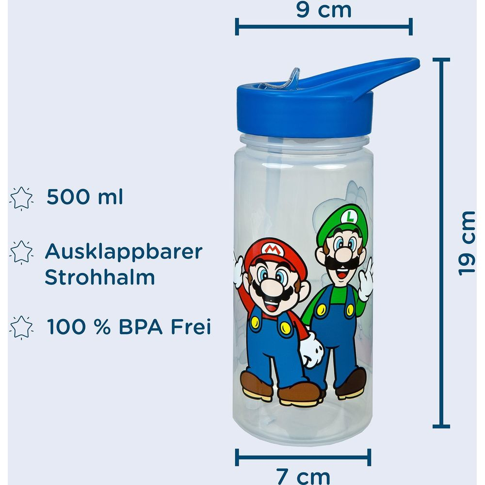 Borraccia da 500ml con Mario & Luigi, alta 19cm, larga 7cm.