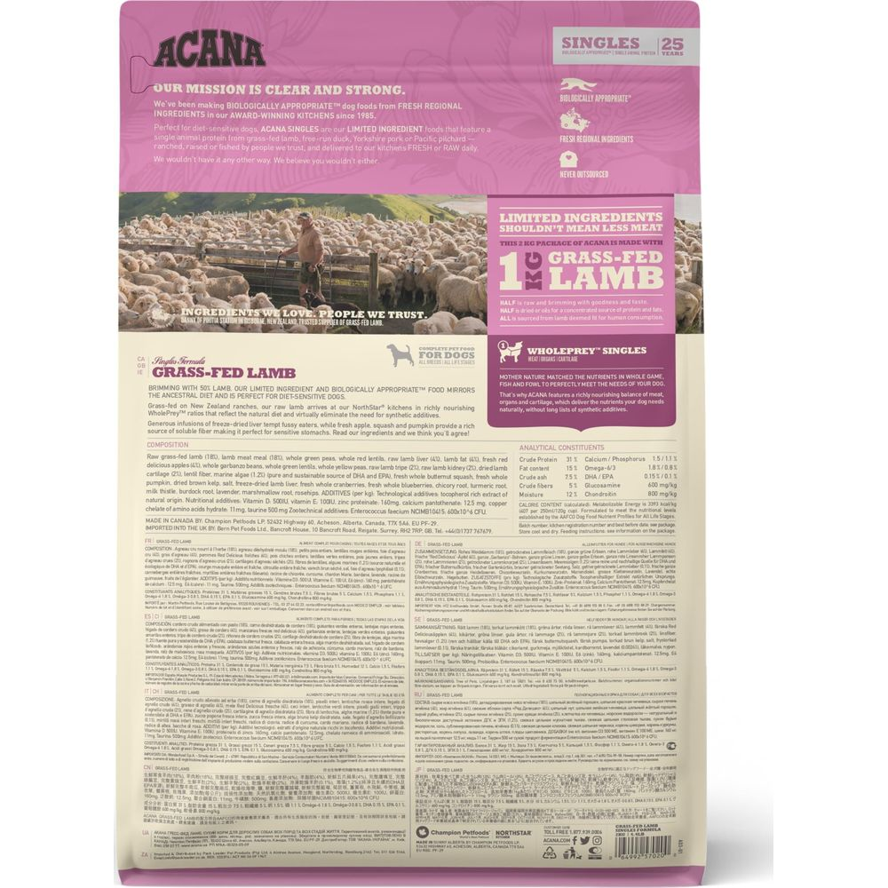 Torba karmy dla psów z jagnięciną z trawy, lista składników i informacje żywieniowe.