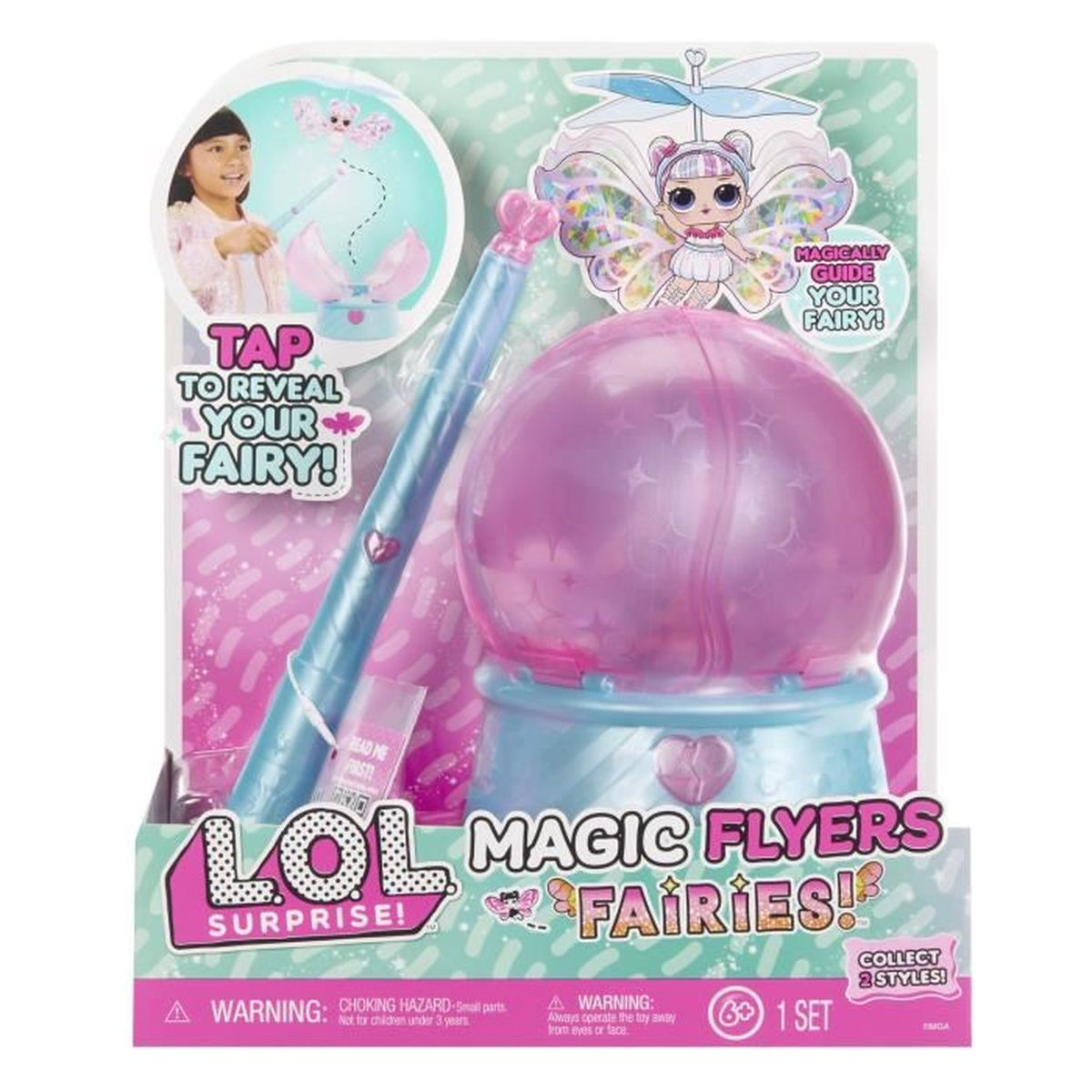 LOL Surprise Magic Flyers Spielzeug mit Fee und Zauberstab in pink und blau.