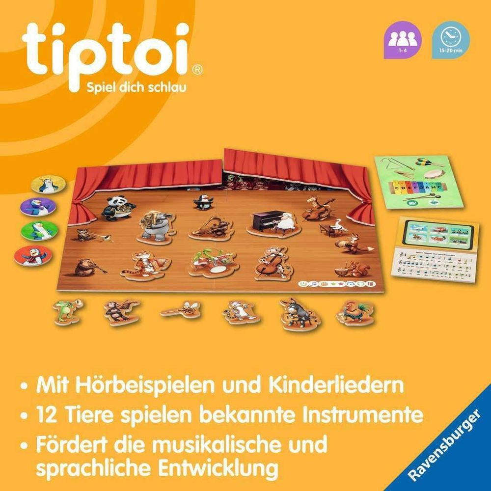 Tabellone di gioco Tiptoi con animali che suonano strumenti su un palco.