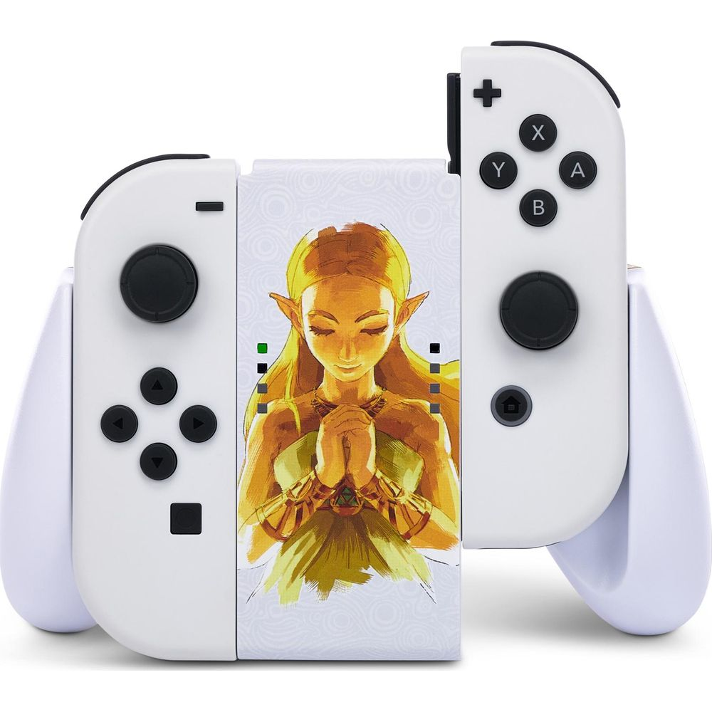 Weiße Nintendo Switch Joy-Cons mit Zelda-Motiv, Hände gefaltet.