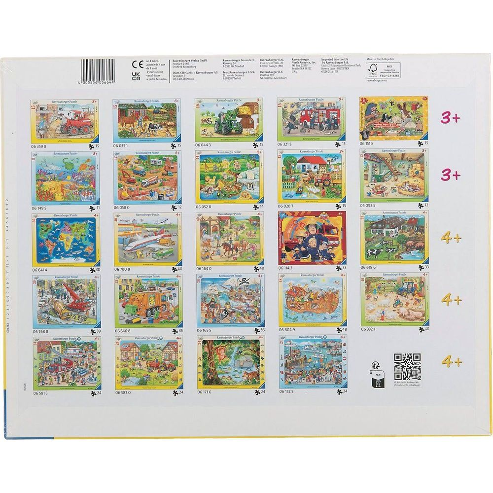 Kolekcja puzzli Ravensburger z różnymi motywami i zaleceniami wiekowymi.