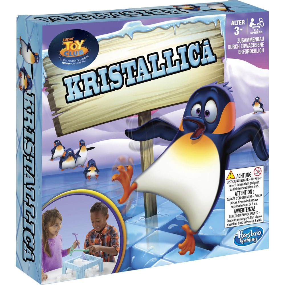 Brettspielverpackung mit Pinguinen und Kindern, Altersangabe 3+.