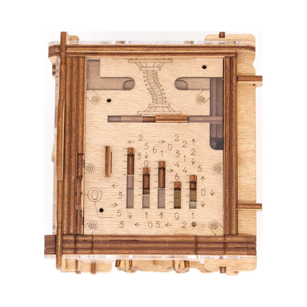 Ein hölzernes mechanisches Gerät mit Skalen und Schiebern zur Zahleneingabe.