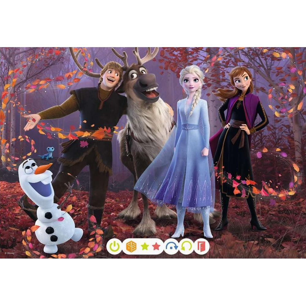 Olaf, Kristoff, Sven, Elsa und Anna stehen in einem herbstlichen Wald vor Blättern.