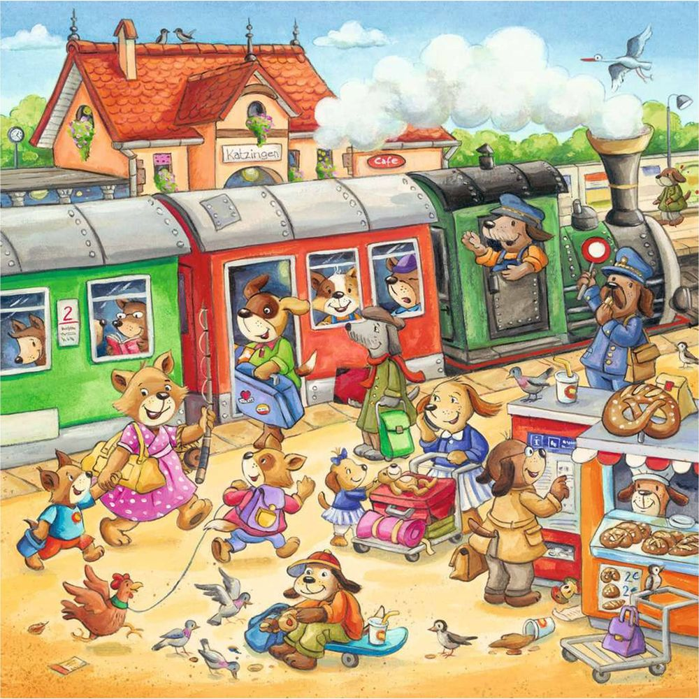 Hunde am Bahnhof mit Zügen, Gepäck und einem Imbissstand.
