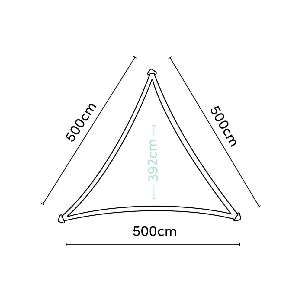 Diagramm eines Sonnensegels mit Maßen: 500cm, 500cm, 500cm und 392cm.
