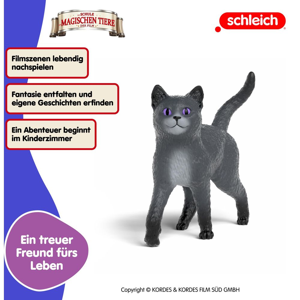 Szara figurka kota z fioletowymi oczami, tekst po lewej po niemiecku, logo Schleich.