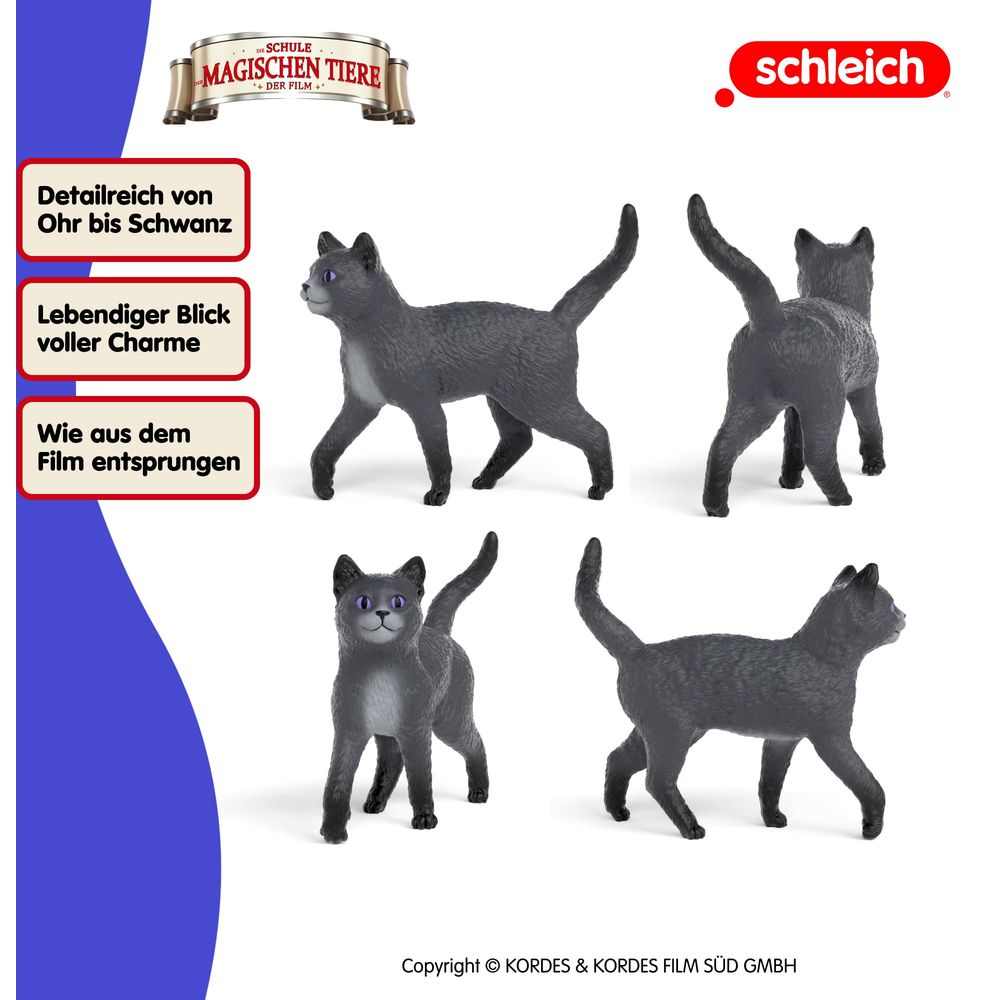 Cztery szare figurki kotów Schleich w różnych pozach.