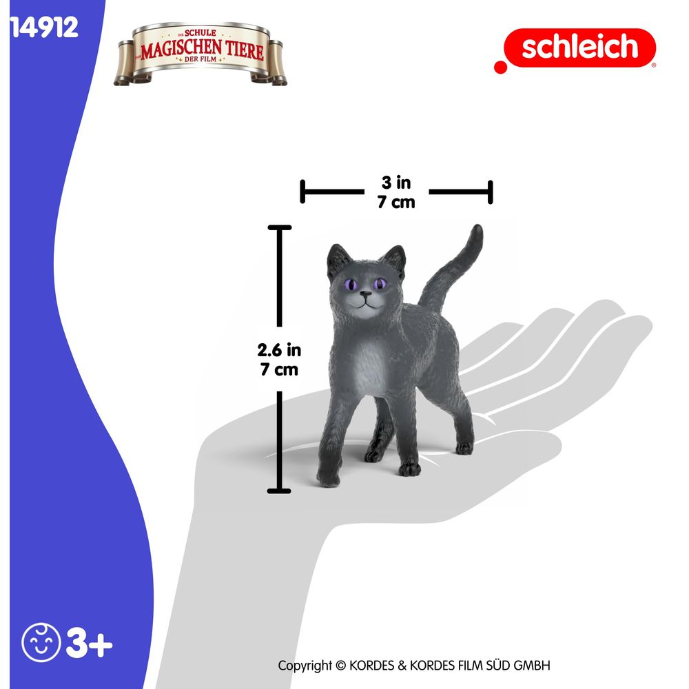 Szara figurka kota na dłoni, 7cm wysokości, 7cm długości.