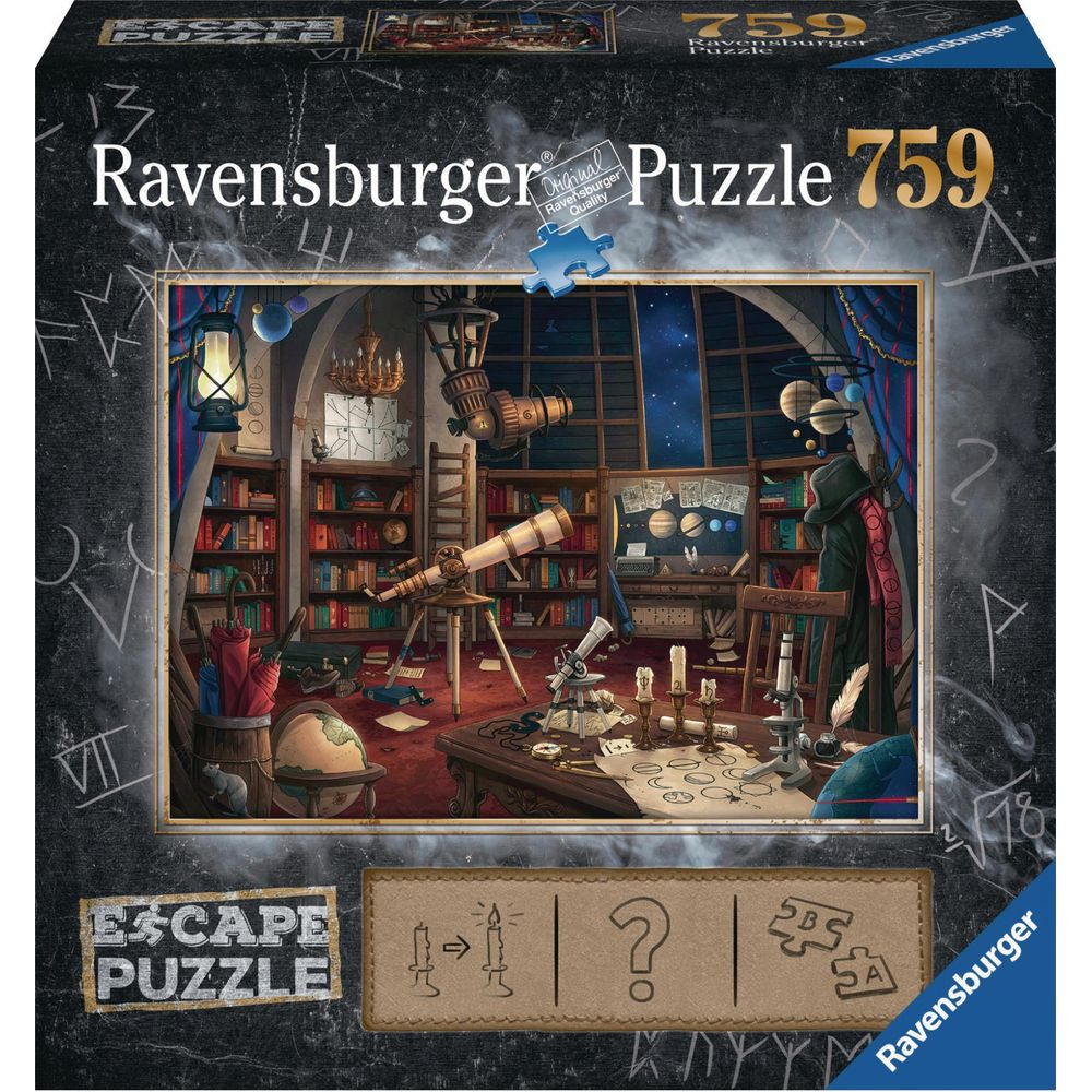 Puzzle astronomiczne w stylu wiktoriańskim z teleskopami i książkami.