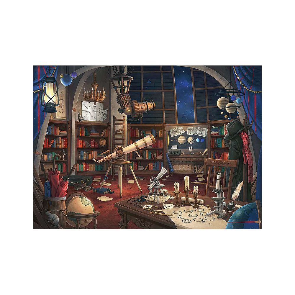 Obserwatorium z teleskopami, książkami i modelami planet pod gwiaździstym niebem.