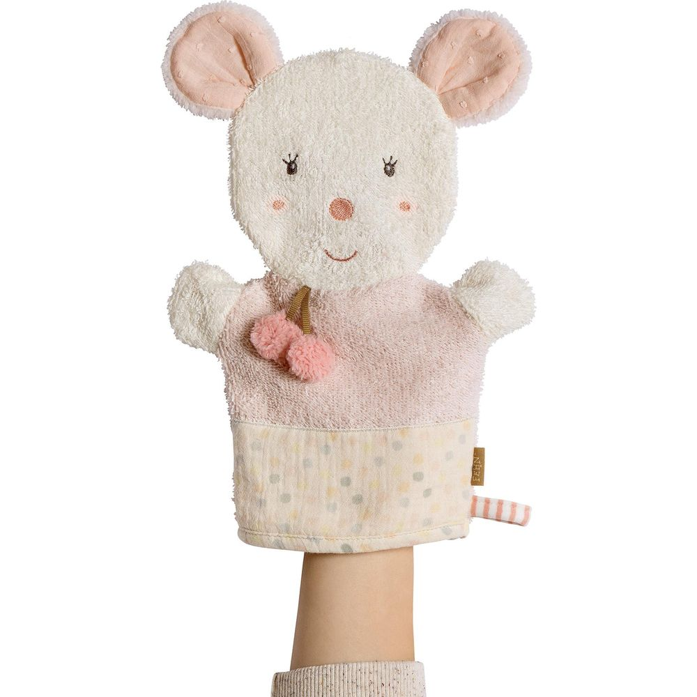 Manoletta lavetta bianca a forma di topo con vestito rosa.