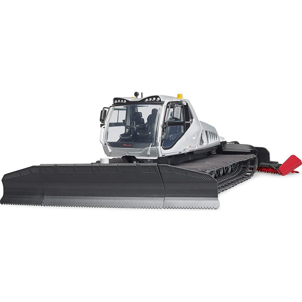 Srebrny zabawkowy ratrak z czarną pługiem i czerwoną frezarką.