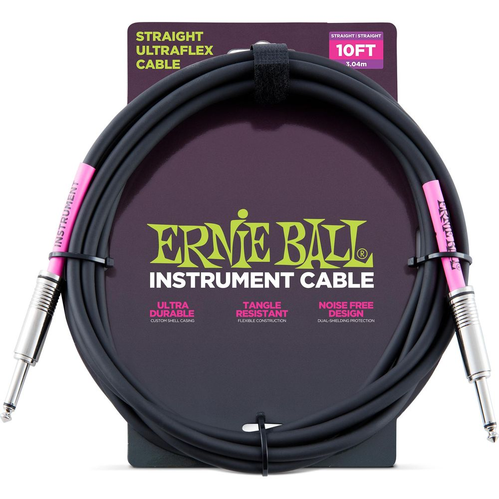 Un cavo per strumenti Ernie Ball nero con accenti e connettori rosa.