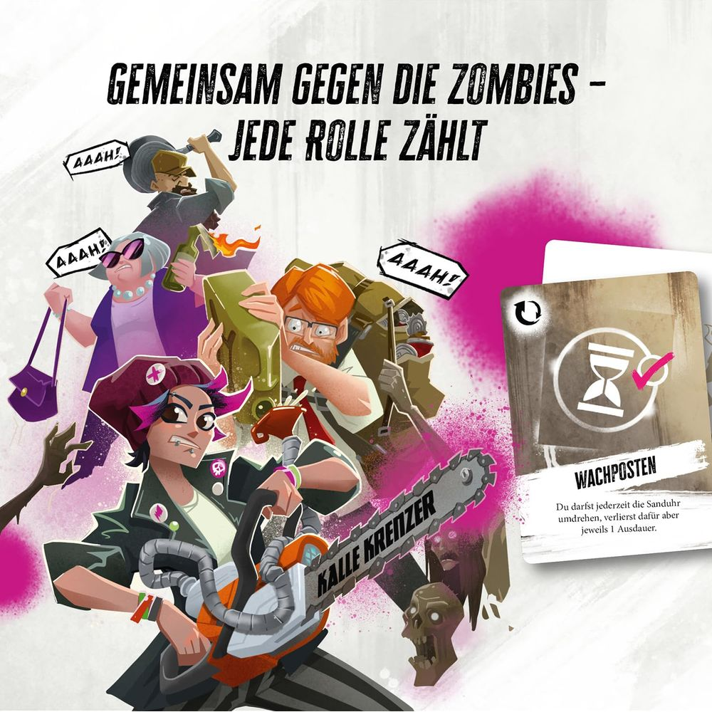 Una donna con una motosega combatte contro gli zombie. Diverse persone si difendono.