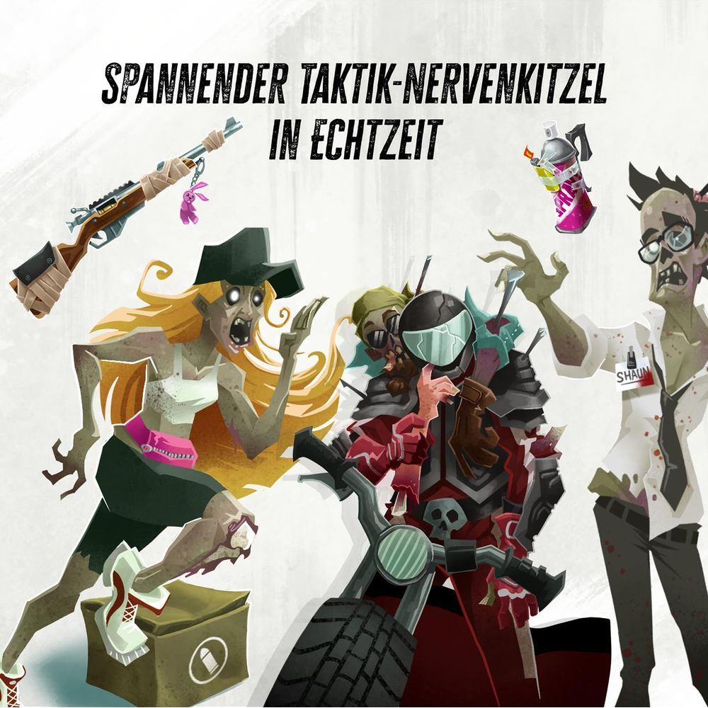 Zombie con fucile, moto e bomboletta spray. Testo: EMOZIONANTE THRILLER TATTICO IN TEMPO REALE.