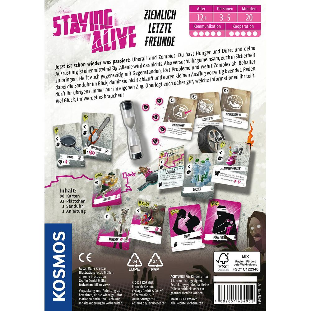 Tabellone di gioco con carte e simboli: zombie, armi, provviste, regole.