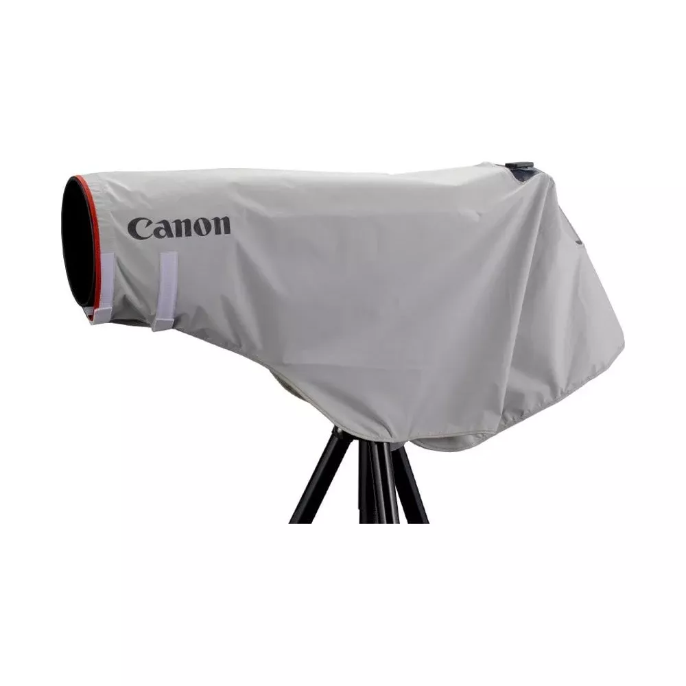 Grauer Canon-Objektivschutz auf einem Stativ. Roter Rand am Objektiv.