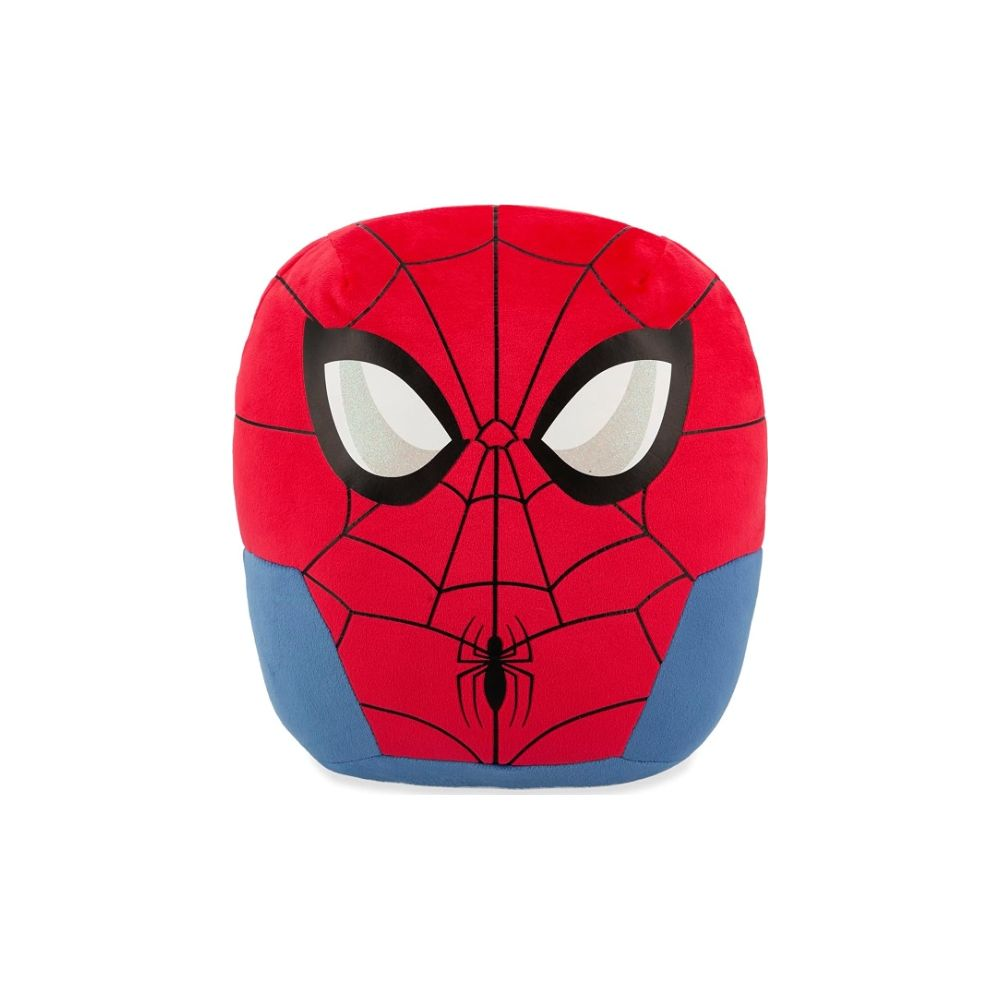 Ein rotes und blaues Spiderman-Kissen mit schwarzen Netzen und Augen.