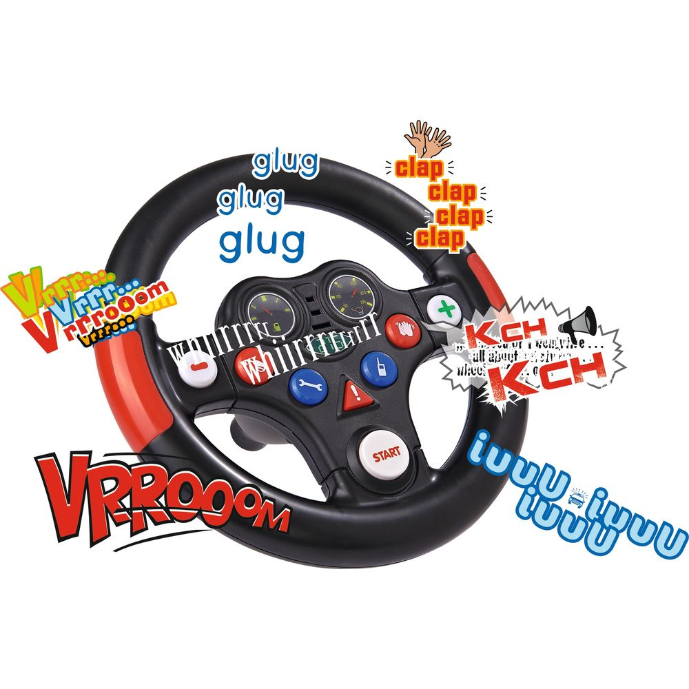 Ein Spielzeuglenkrad mit Soundeffekten wie 'Glug', 'Vroom' und 'Clap'.