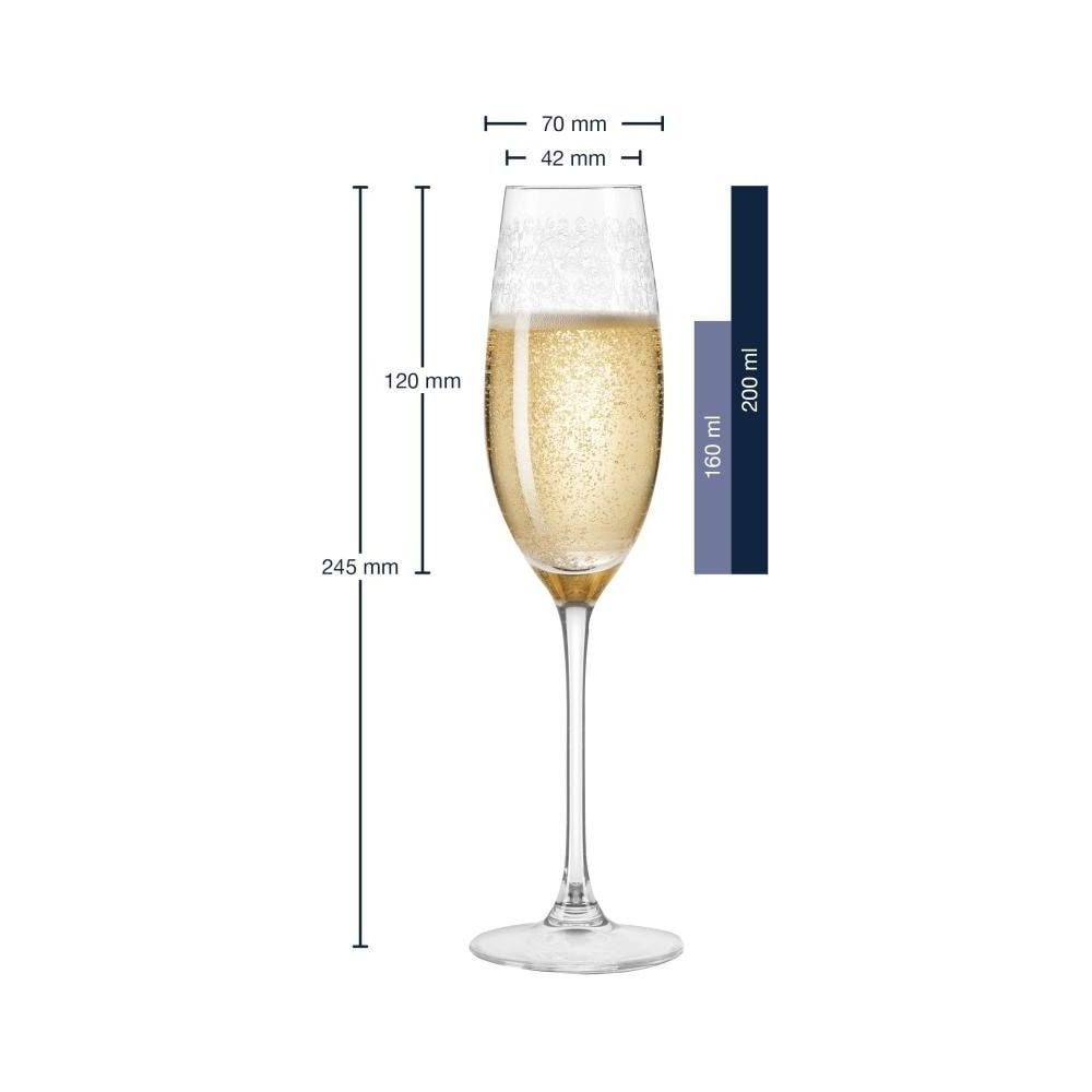 Ein Champagnerglas mit prickelndem Getränk und Maßangaben.