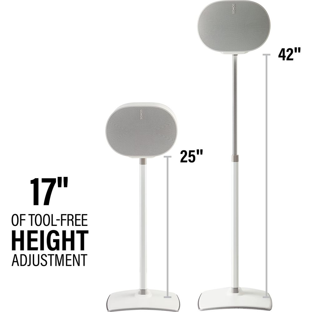Zwei weiße Lautsprecherständer mit Höhenangaben von 17", 25" und 42".