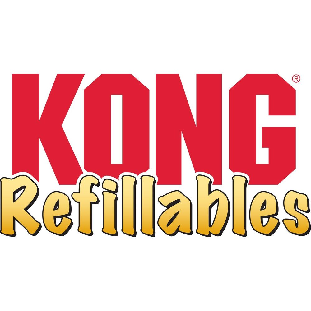 Czerwony napis "KONG" nad żółtym napisem "Refillables".