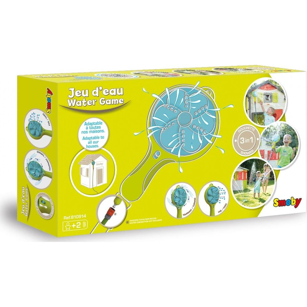 Verpackung für ein Wasserspielzeug mit einem Duschkopf in der Mitte und kleinen Bildern von Kindern.