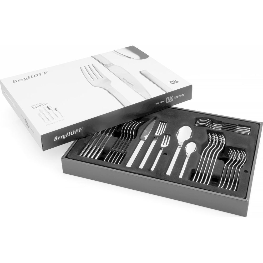 Set di posate BergHOFF Essence in una scatola, con forchette, coltelli e cucchiai.