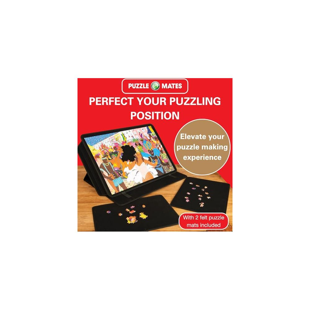 Puzzle Mates Produktanzeige mit Tablet, das ein Puzzle zeigt, und zwei Filzmatten mit Puzzleteilen.