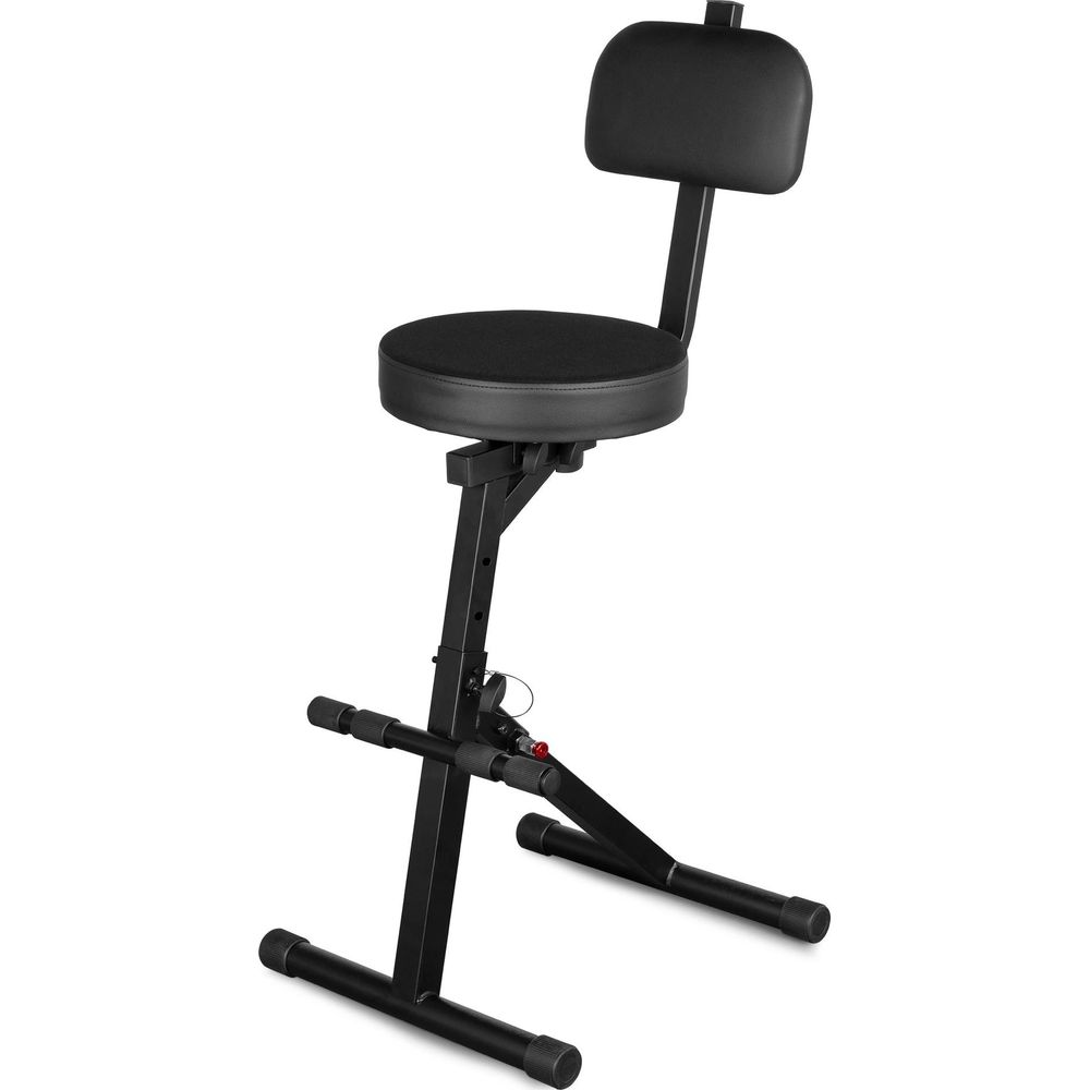 Un taburete negro con respaldo y estructura ajustable.