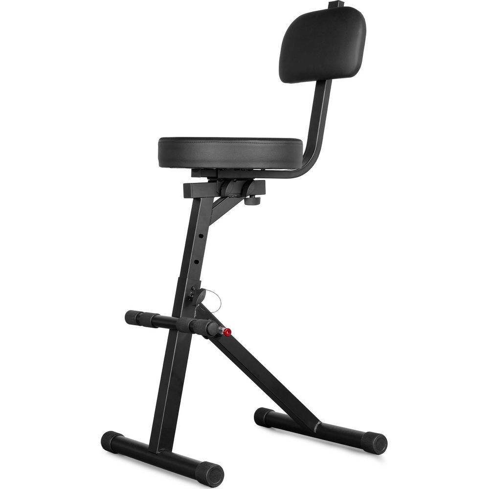 Taburete negro para teclado con respaldo y altura ajustable.