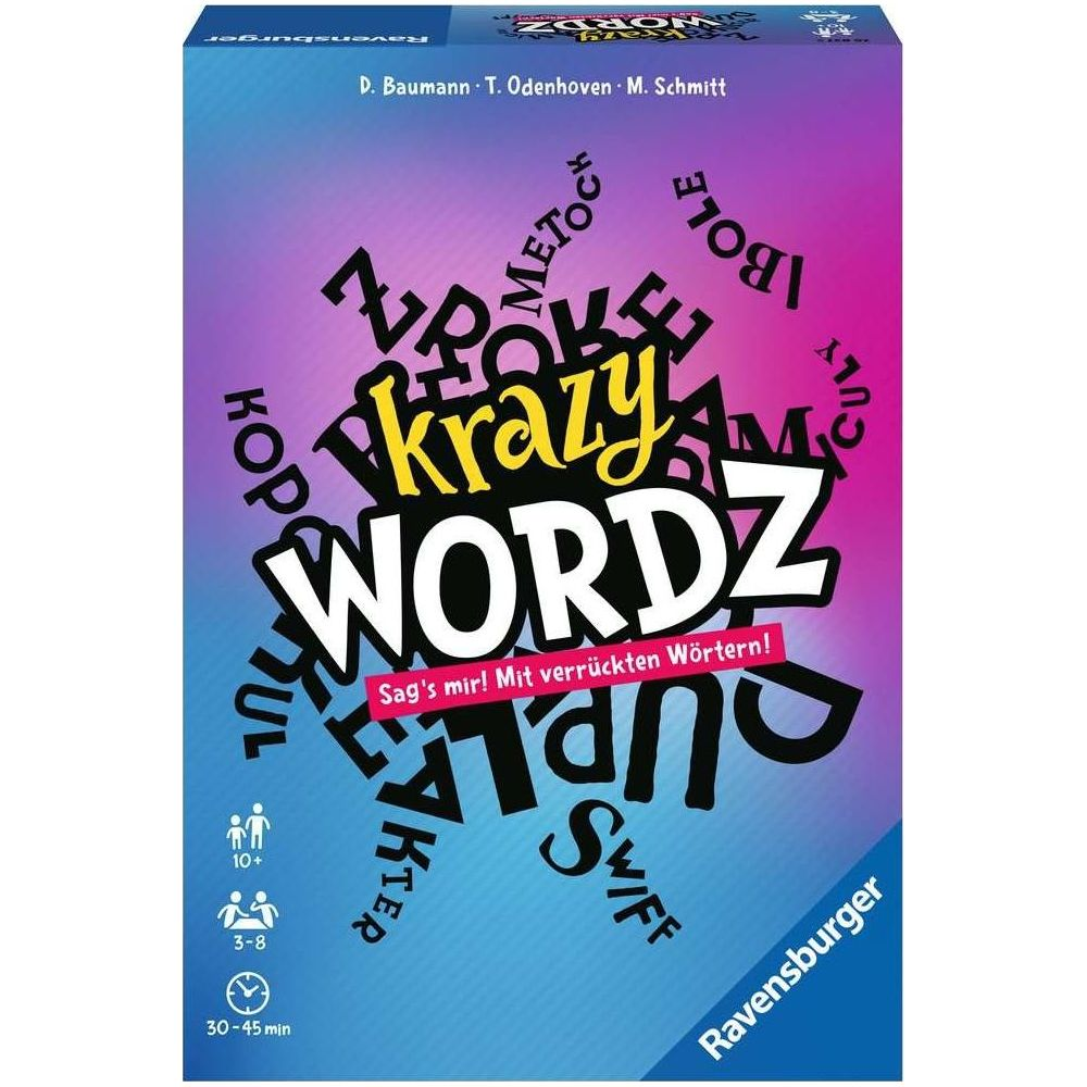 Spiel "Krazy Wordz" von Ravensburger mit bunten Buchstaben und Spielinformationen.
