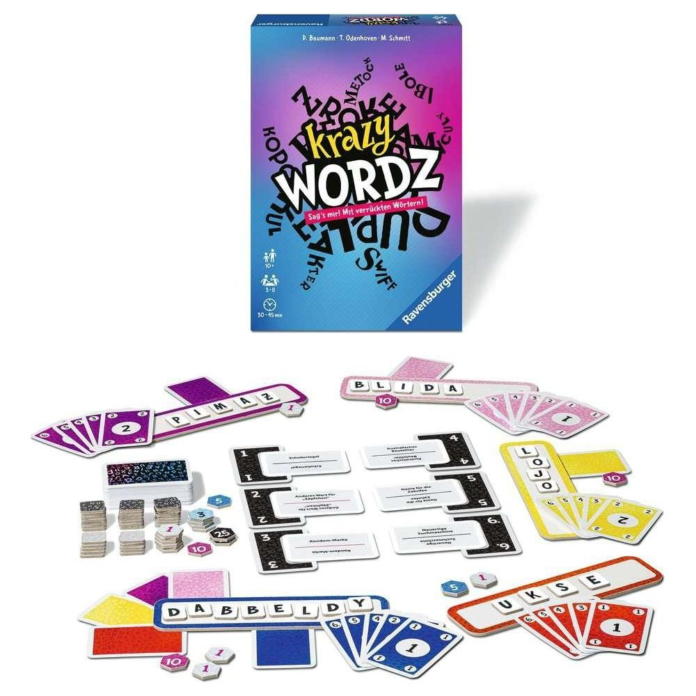Das Spiel "Krazy Wordz" von Ravensburger mit Spielbrett, Karten und Steinen.