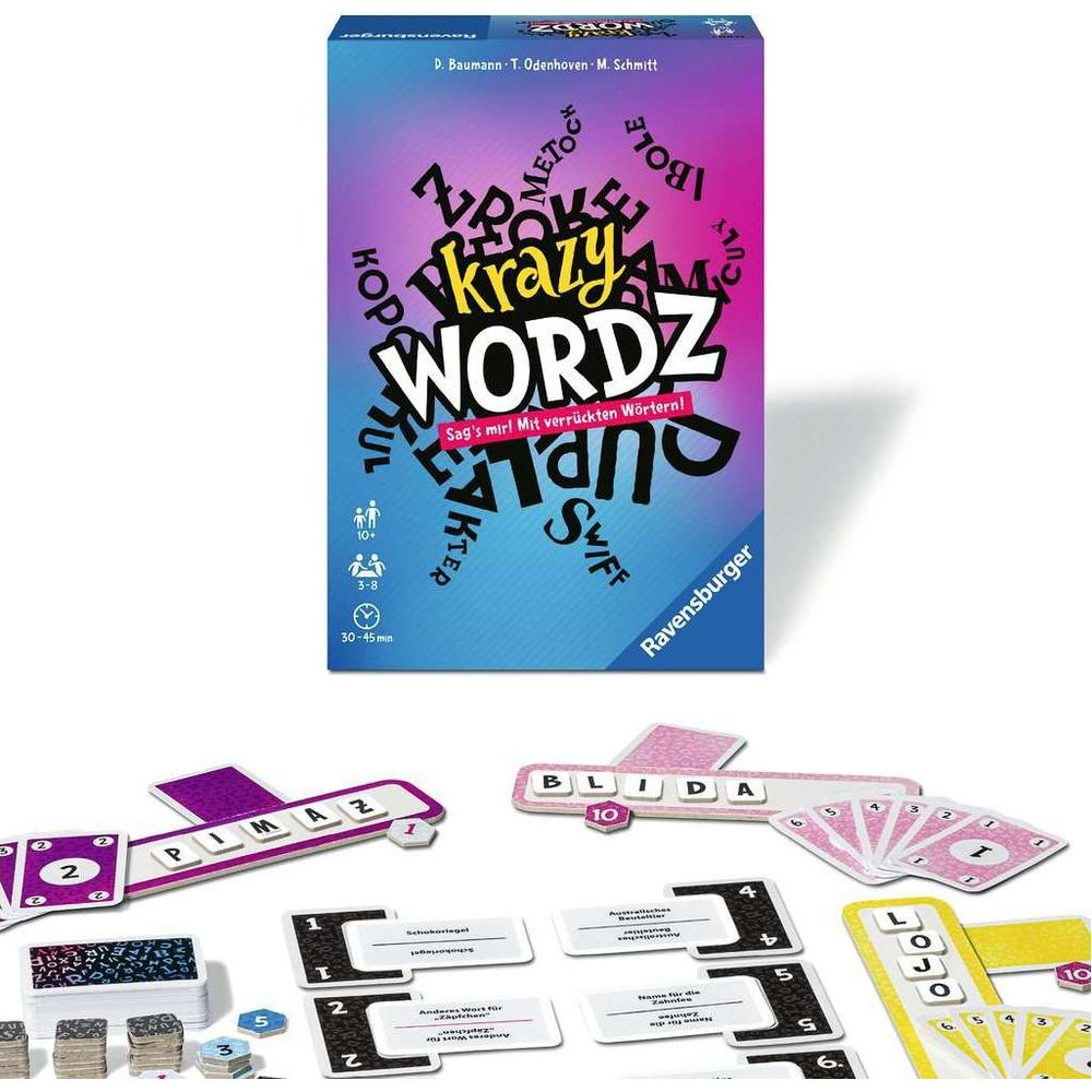 Das Spiel "Krazy Wordz" von Ravensburger mit Spielkarten und Plättchen.