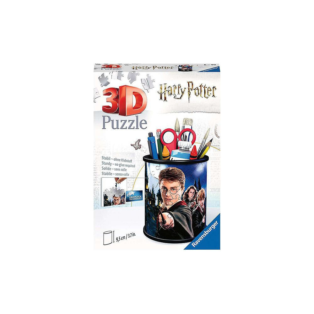 Puzzle 3D Ravensburger Harry Potter z Harrym, Ronem i Hermioną na pudełku.