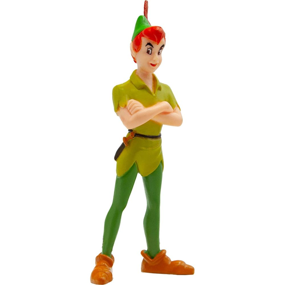 Peter Pan Figur mit rotem Haar, grünem Hemd, grüner Strumpfhose und braunen Stiefeln.