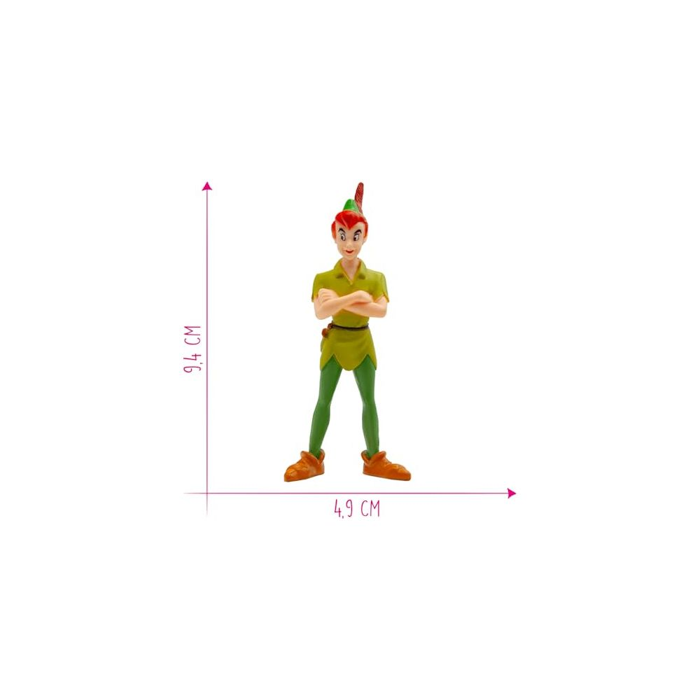 Peter Pan Figur, grüne Kleidung, rote Feder, stehend, Arme verschränkt.