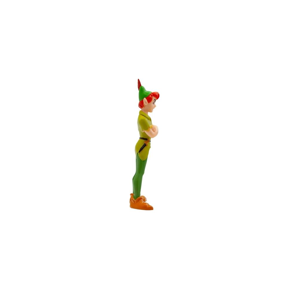 Peter Pan Figur im Profil auf weißem Hintergrund, trägt grüne Kleidung.