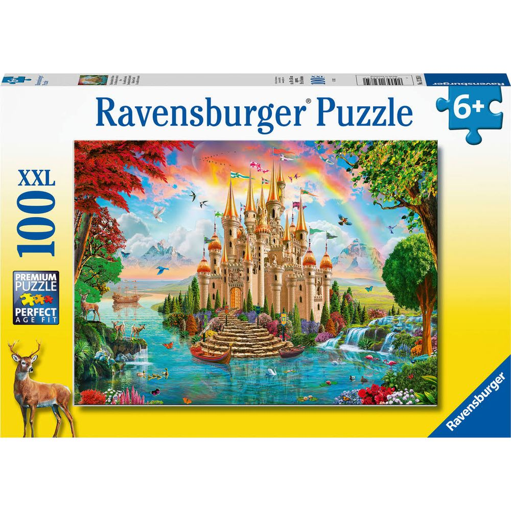 Ein Märchenschloss mit goldenen Türmen, Regenbogen, Wasserfall und einer Hirschfamilie.