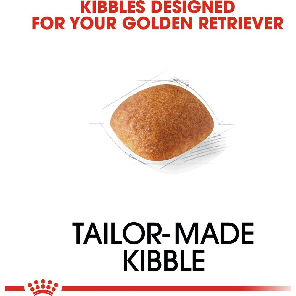 Złocistobrązowe chrupki dla psów z liniami szkicu i tekstem.